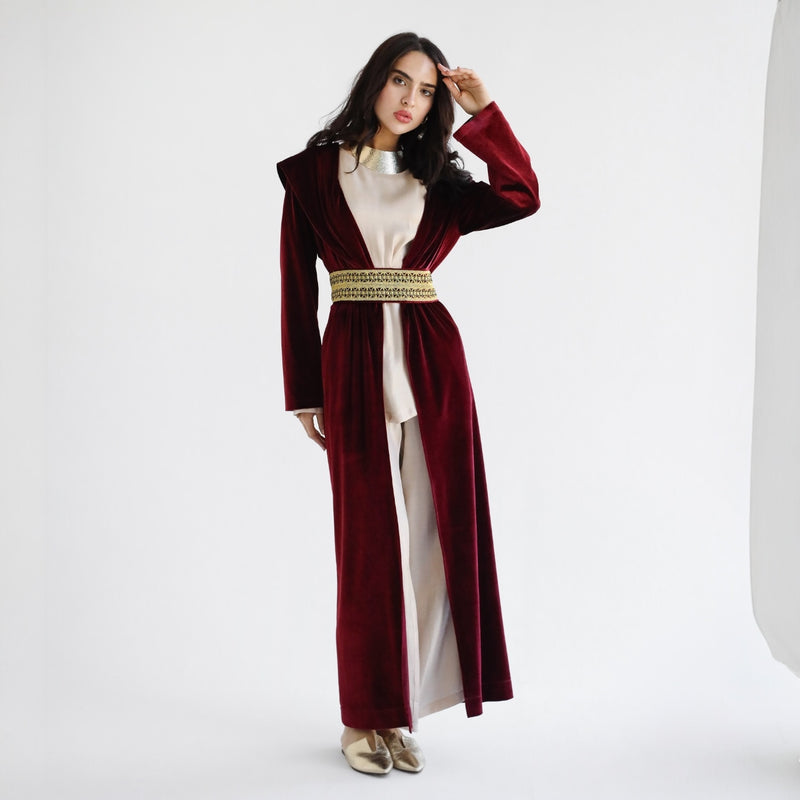 Hooded velvet embroidered kaftan