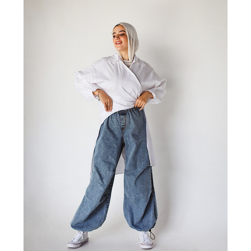 Blue denim parachute pants