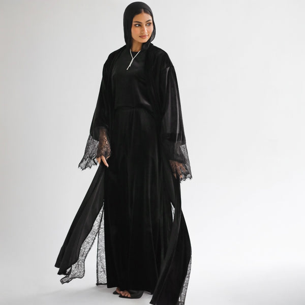 Lace sleeve velvet abaya