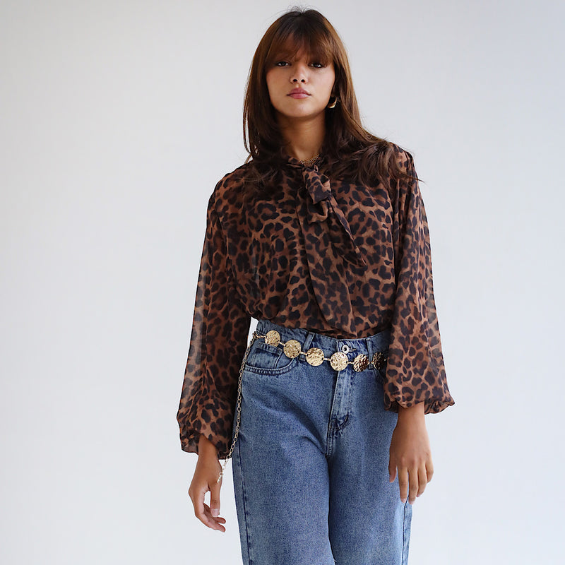 Bow tie leopard chiffon blouse