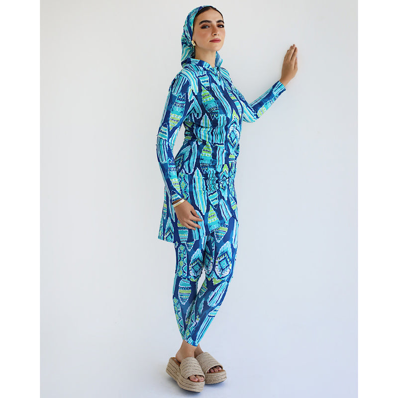 Blue & green printed burkini set