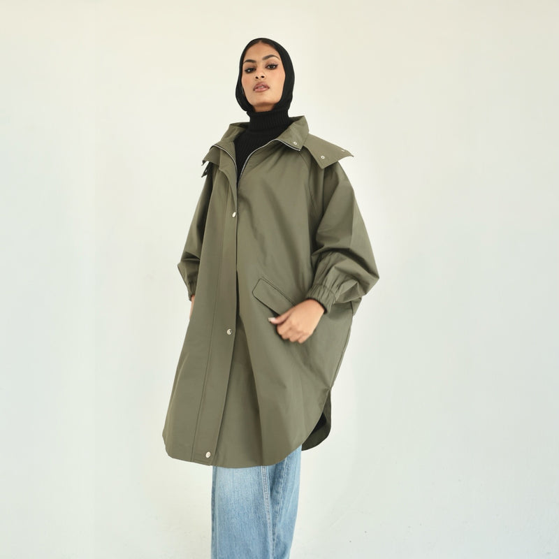 Khaki oversized waterproof buttoned jacket