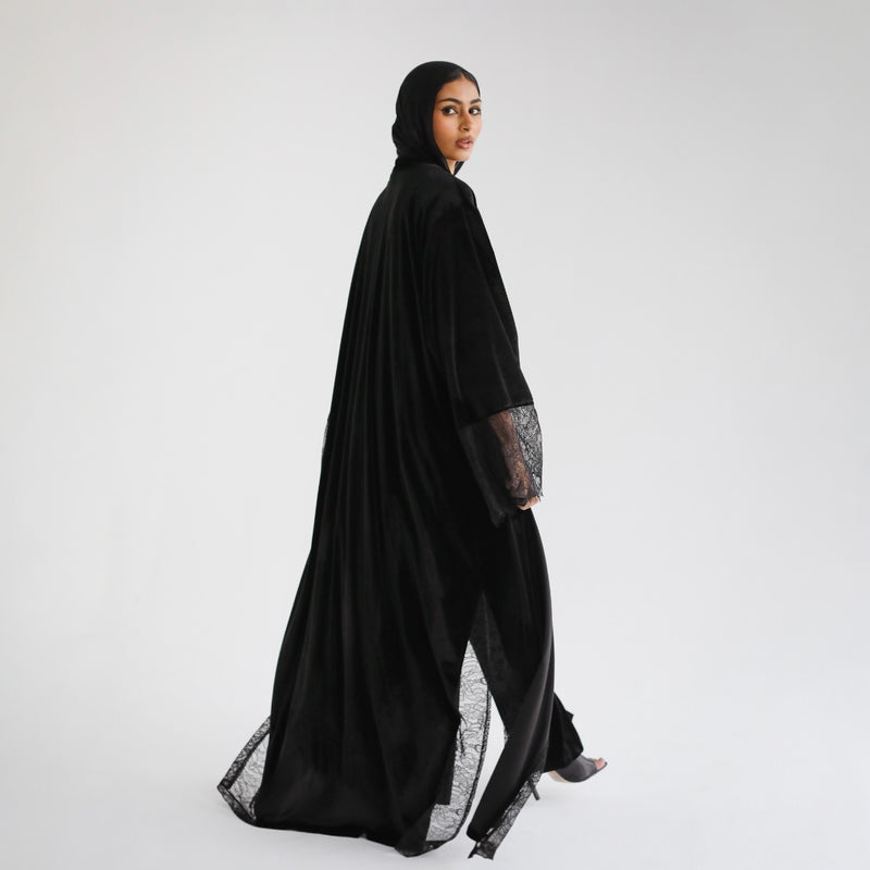 Lace sleeve velvet abaya