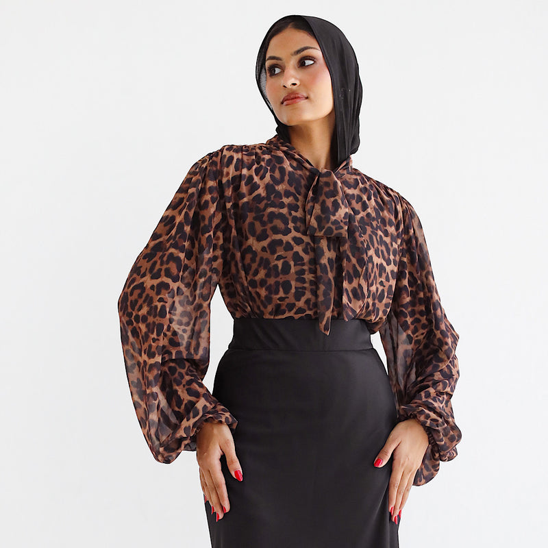 Bow tie leopard chiffon blouse