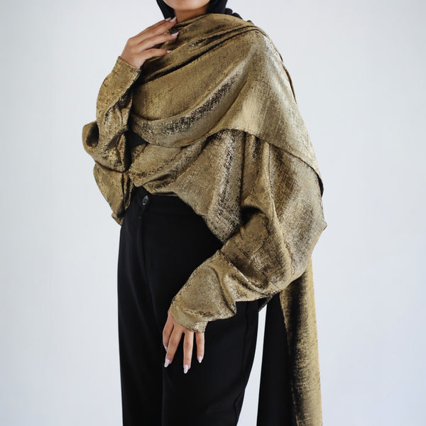 Golden draped scarf blouse