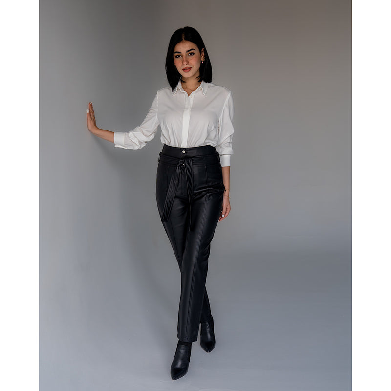 Black leather tapered pants