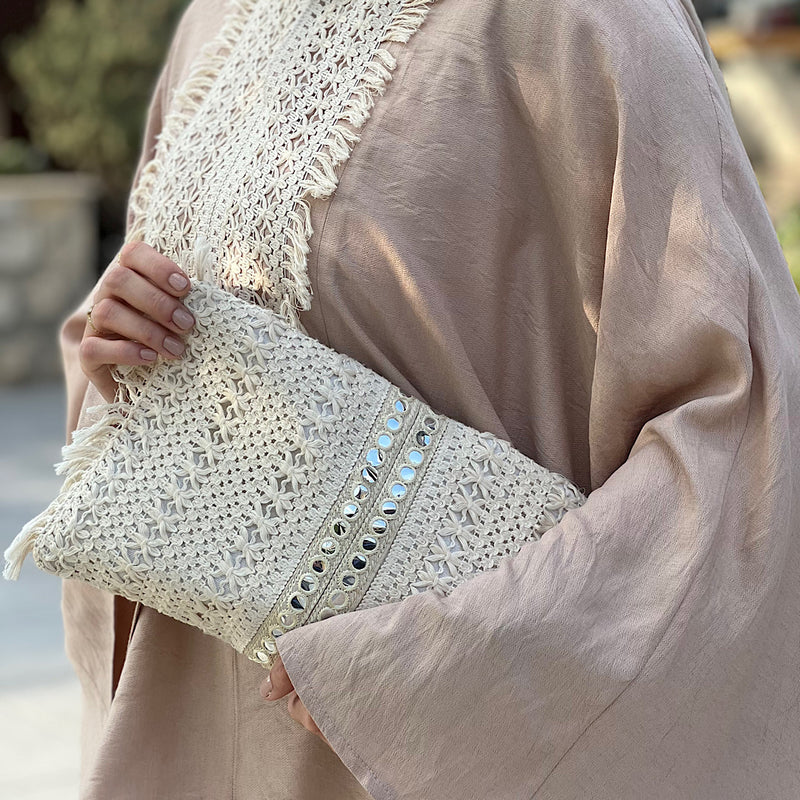 Mirror embroidered off white clutch