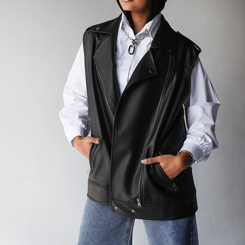 Black leather biker vest