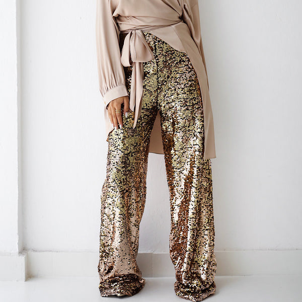 Golden sequined wide leg pants