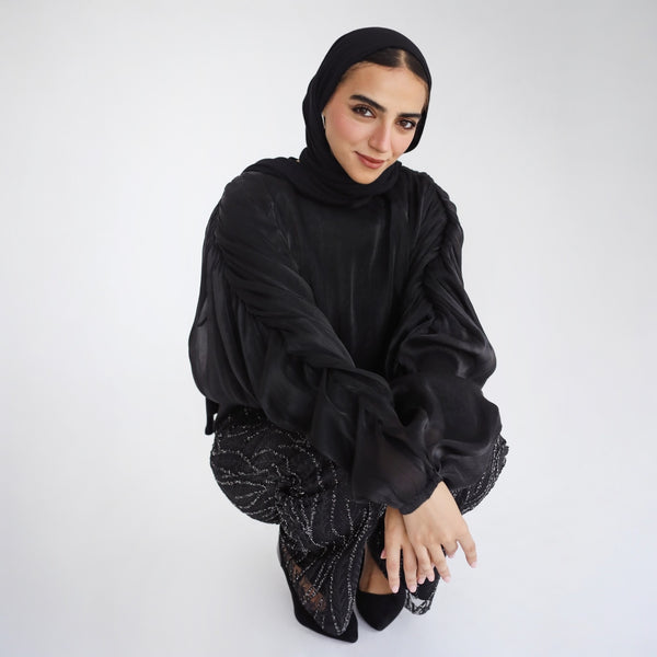 Black ruched sleeve organza blouse