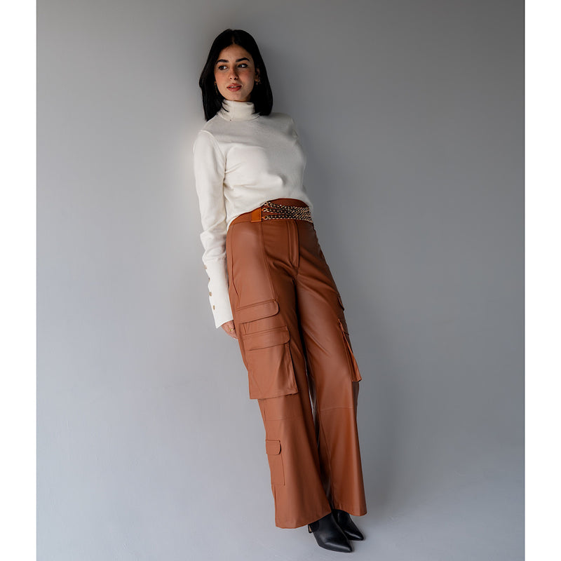 Wide leg brown leather pants