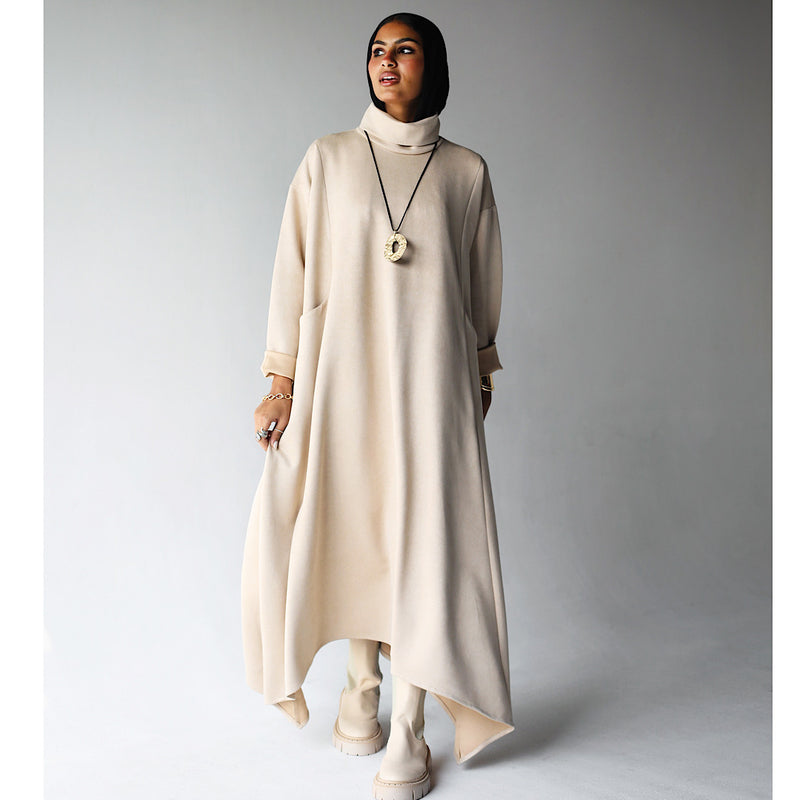 High neck beige suede dress – The Gallery