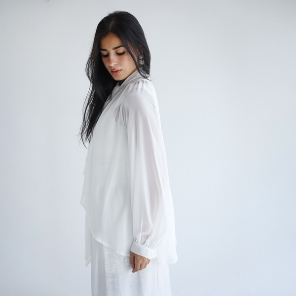 Off white tie neck flowy blouse