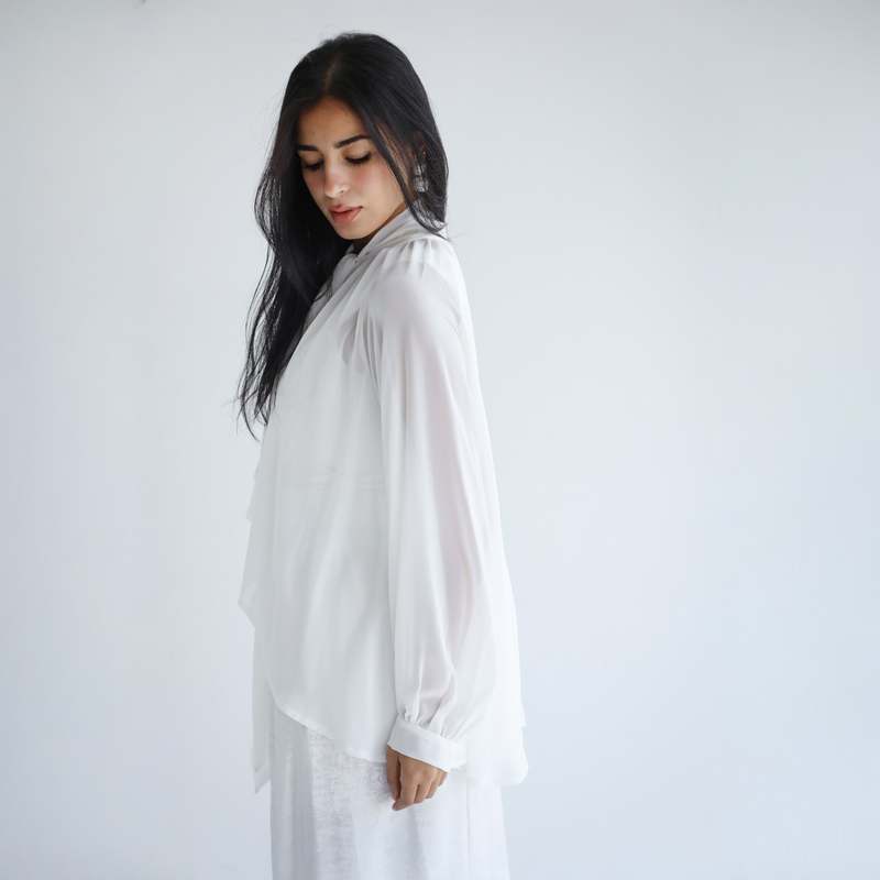 Off white tie neck flowy blouse