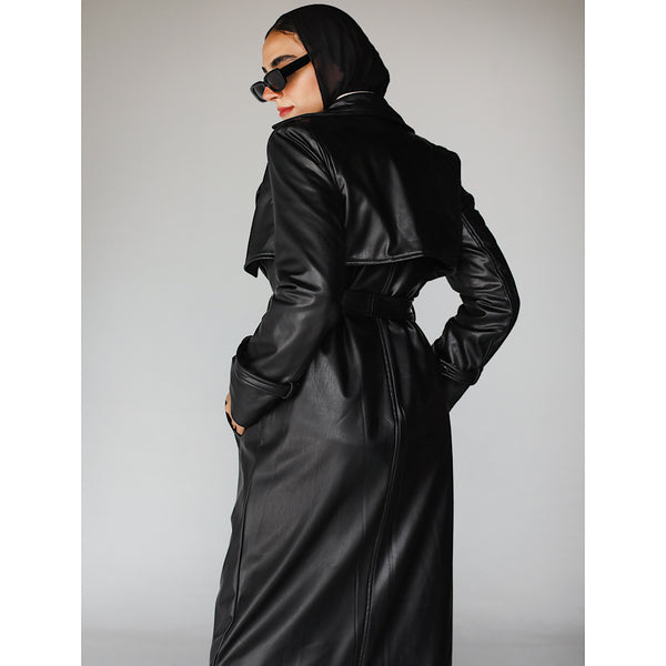 Black leather trench coat