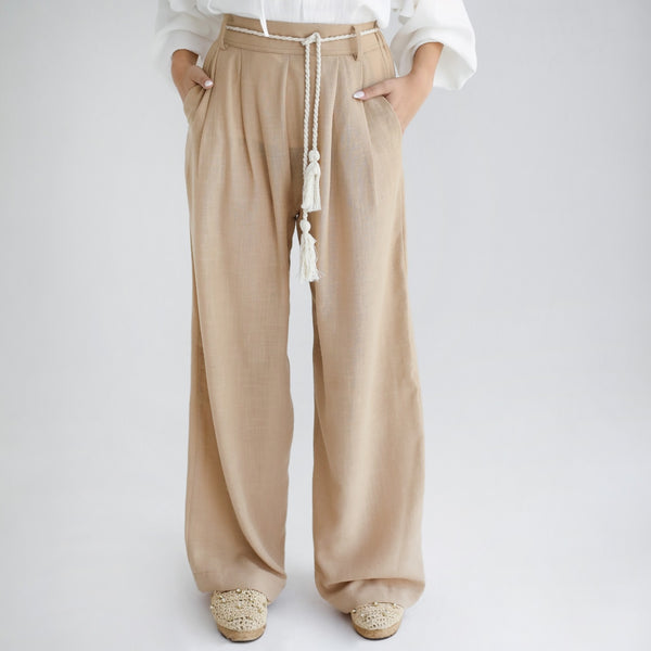 Beige pleated linen pants