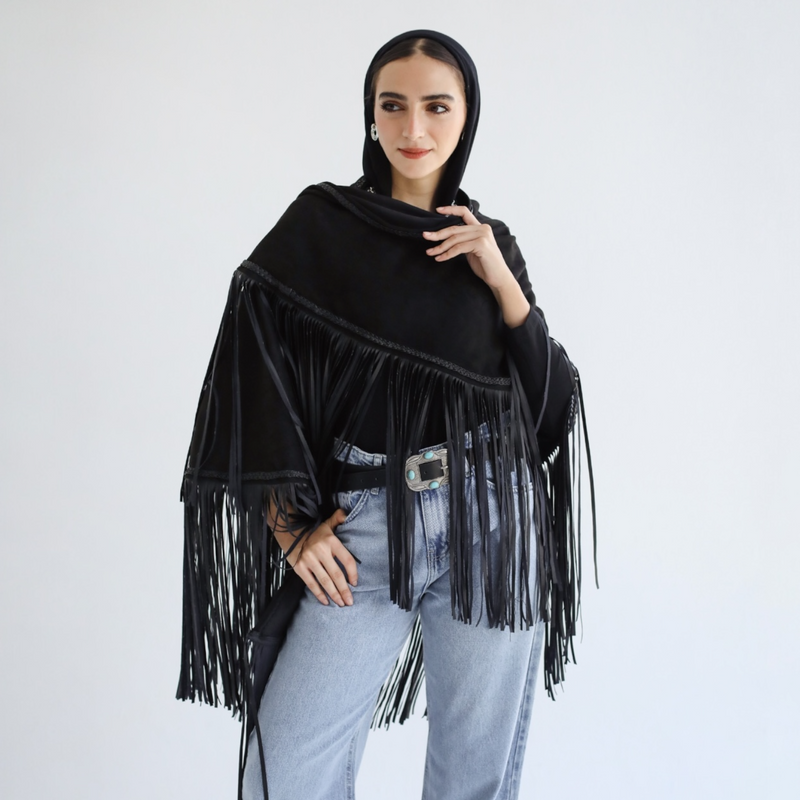 Fringed black scarf poncho