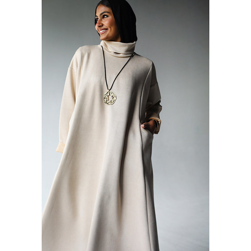 High neck beige suede dress – The Gallery