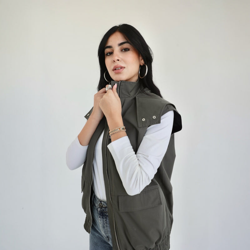 Olive sleeveless bomber vest