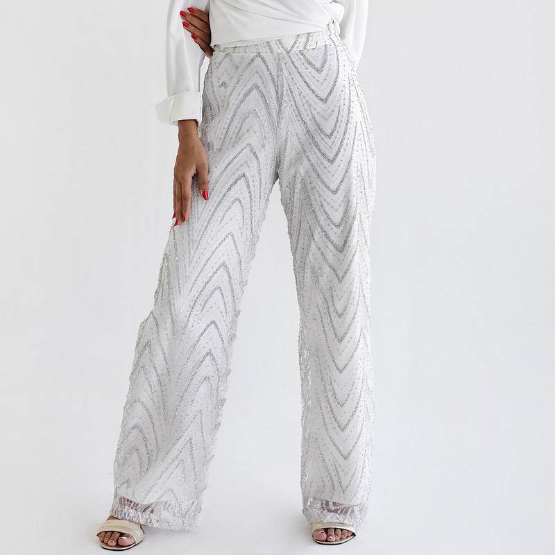 Off white embellished tulle pants