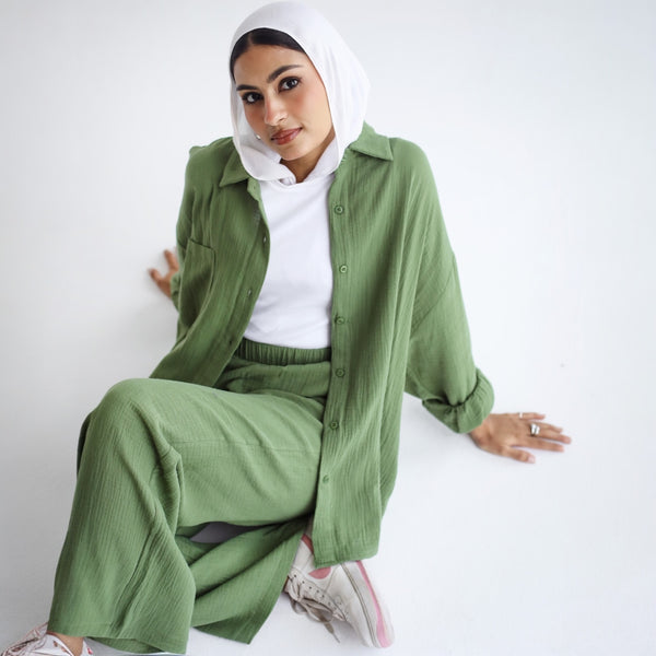 Olive crinkled cotton co-ord set