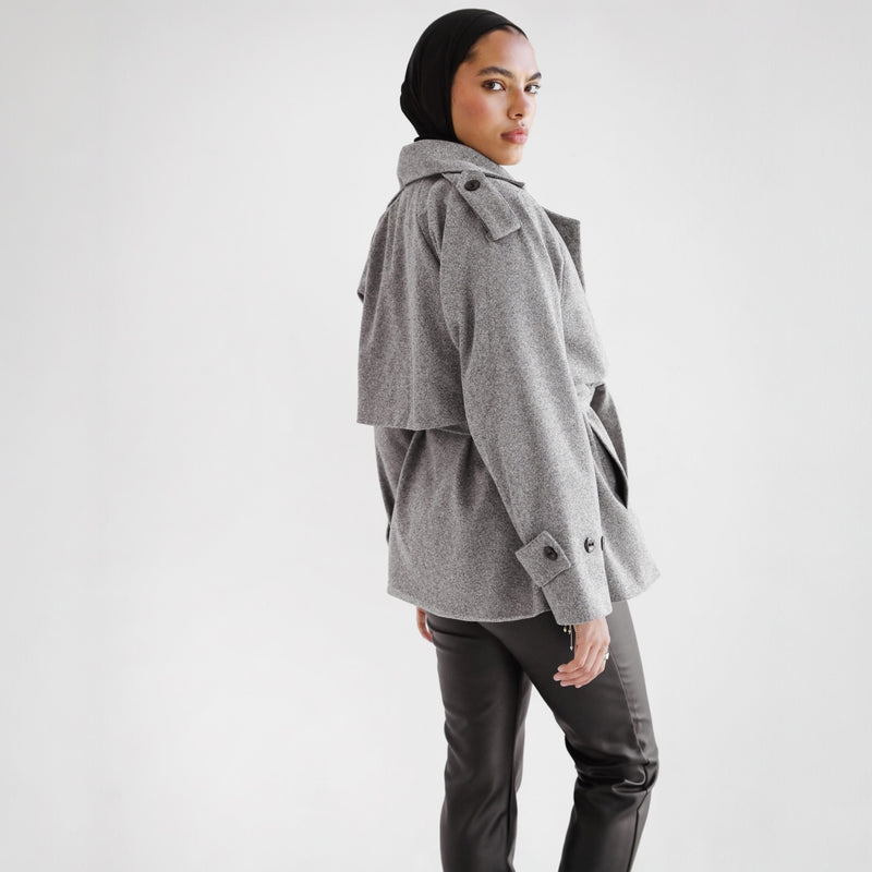 Grey wool short trench jacket