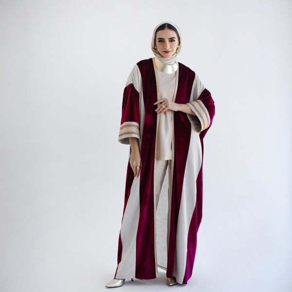 Linen & velvet embroidered kaftan