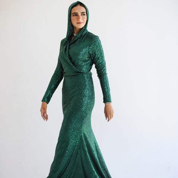 Dark green draped neck dress