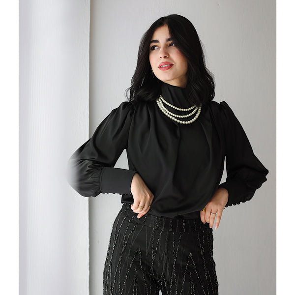 Black Satin draped neck blouse – The Gallery