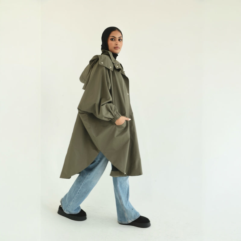 Khaki oversized waterproof buttoned jacket