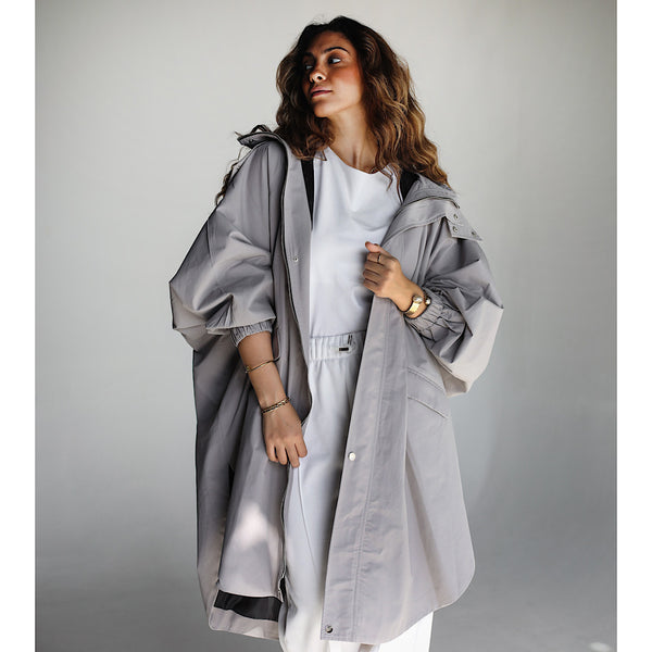 Light grey oversized waterproof buttoned jacket