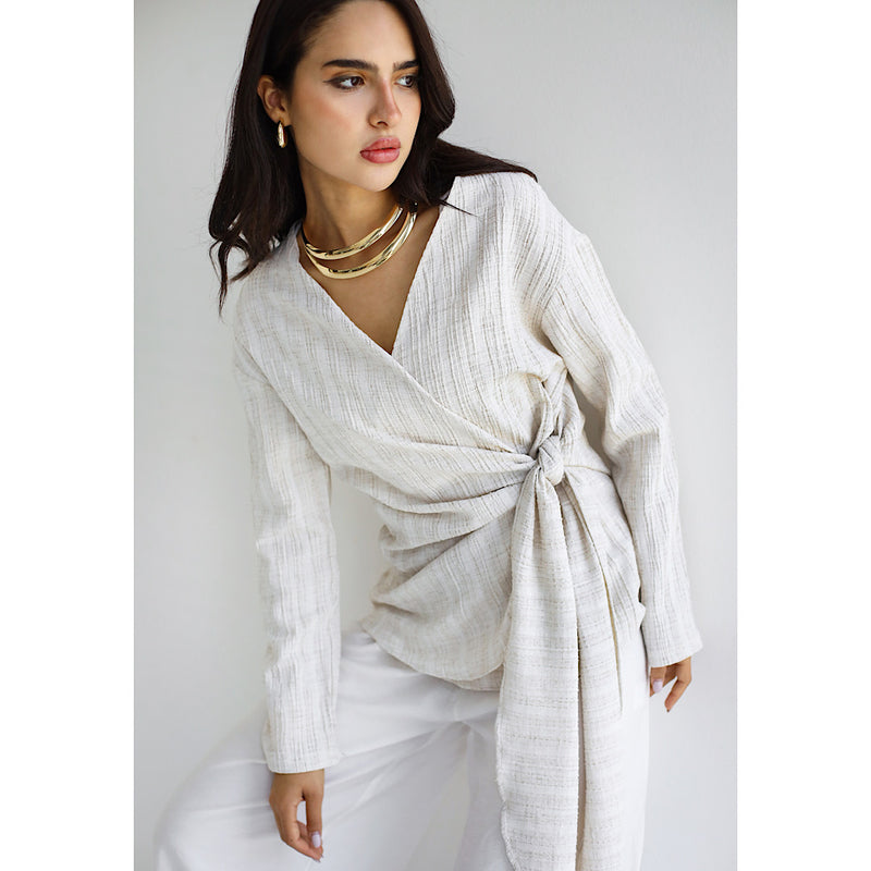 Crinkled linen knot blouse