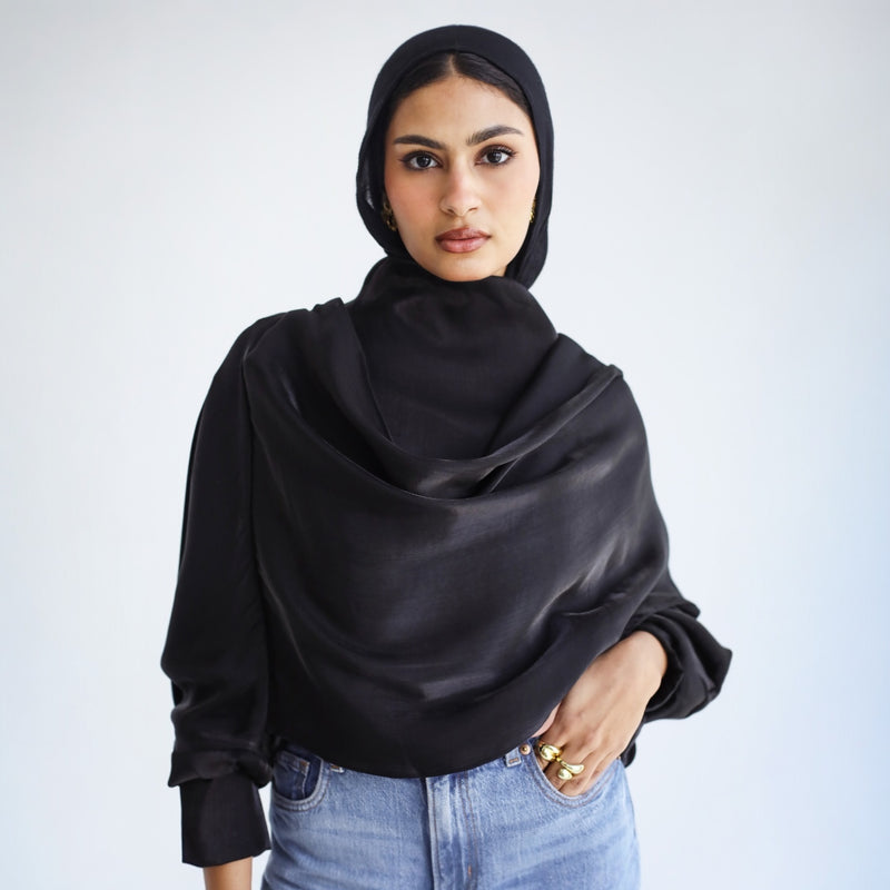 Black draped scarf blouse