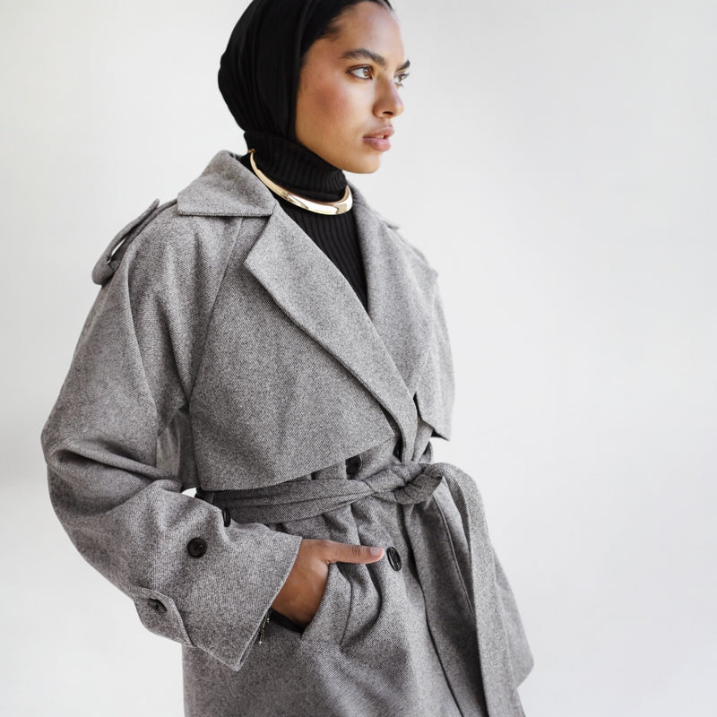 Grey wool short trench jacket