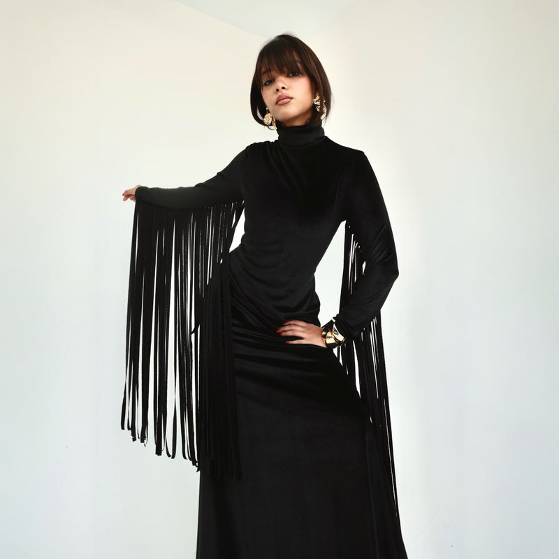 Velvet fringed long dress