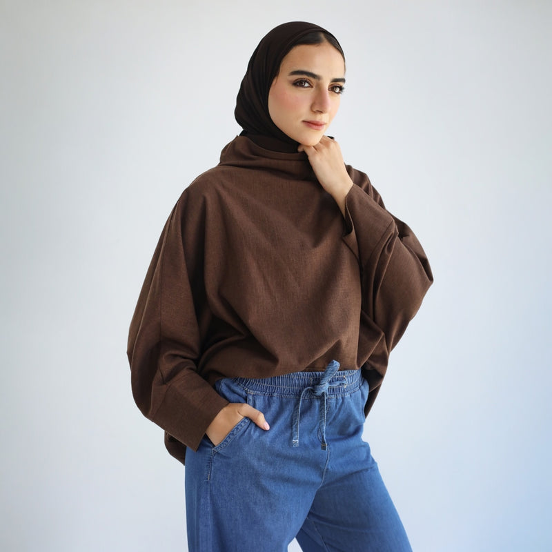 Brown linen turtle neck blouse