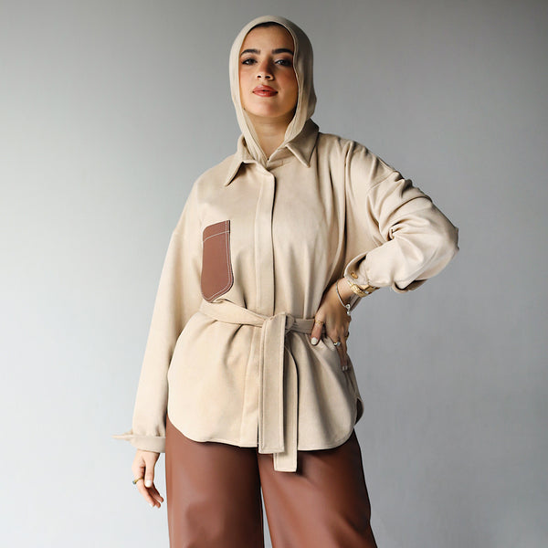 Beige suede buttoned front shirt