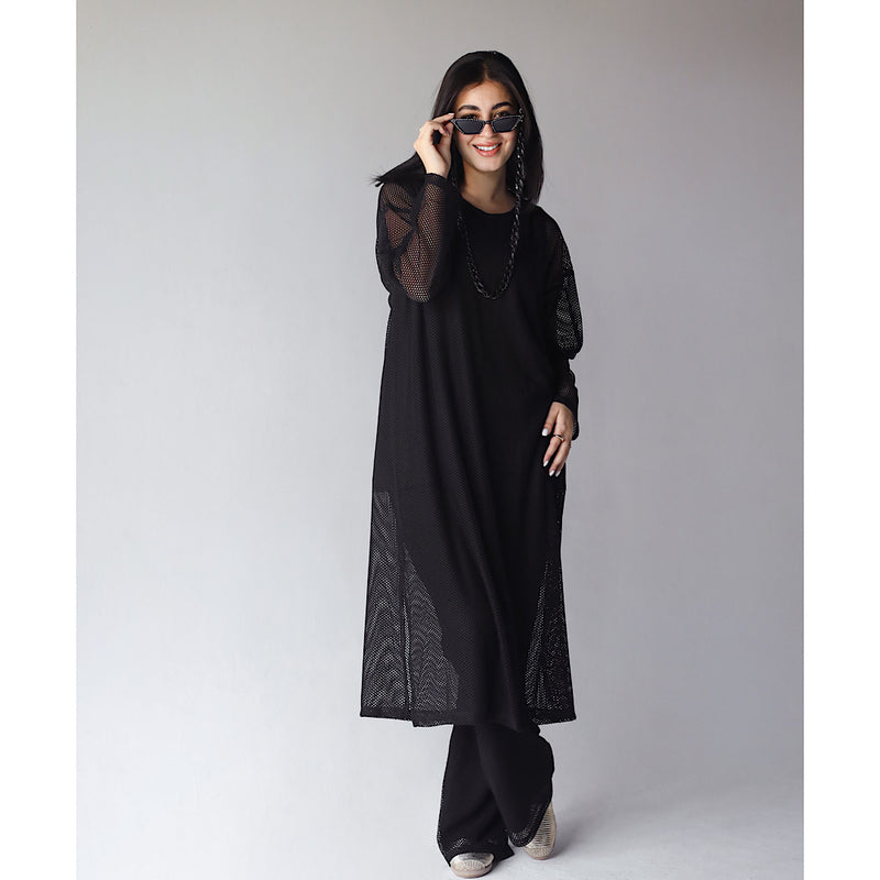 Black open knit long dress