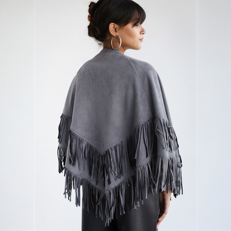 Grey fringed poncho