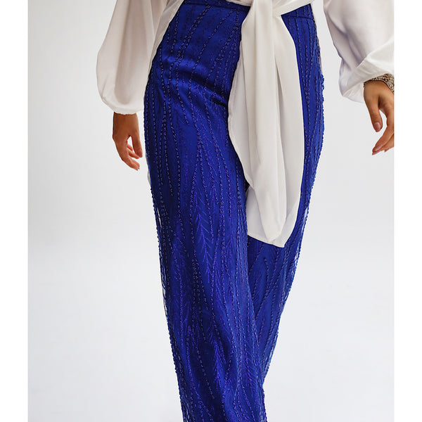Blue Embroidered tulle pants