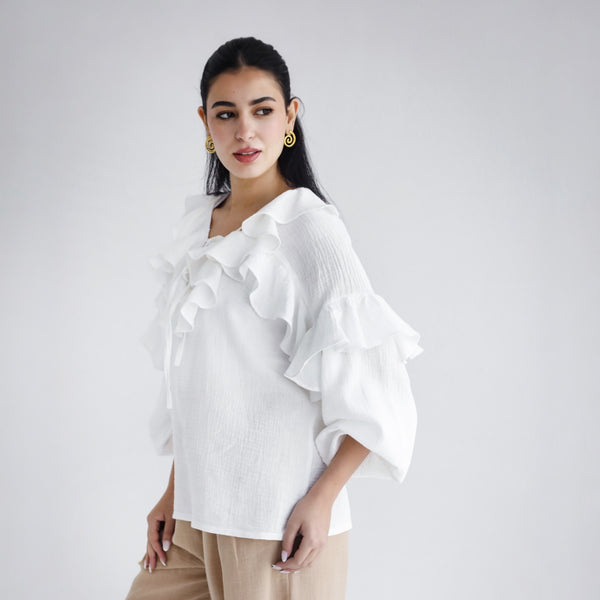 Crinkled cotton ruffled blouse