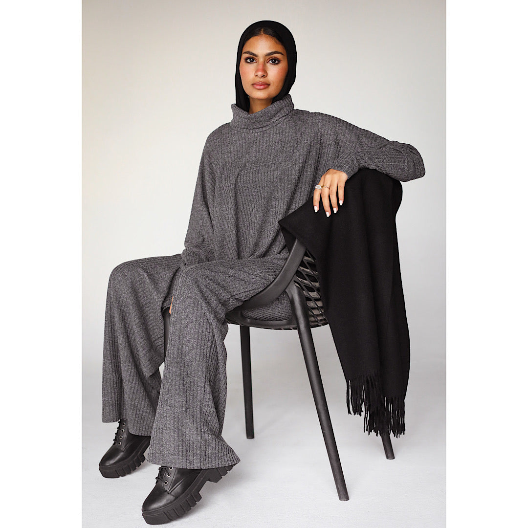 Grey With Charcoal Striped Pleated Co-Ord Set