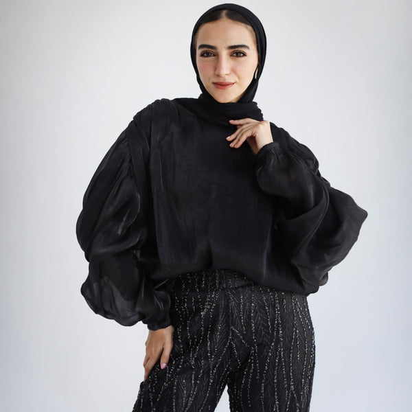Black ruched sleeve organza blouse