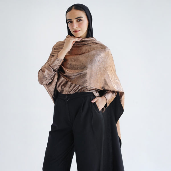Copper draped scarf blouse