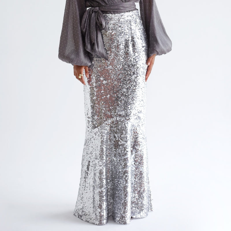 Silver sequined flared skirt