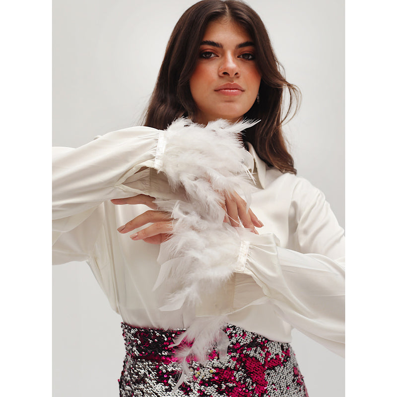 Feather trimmed satin blouse