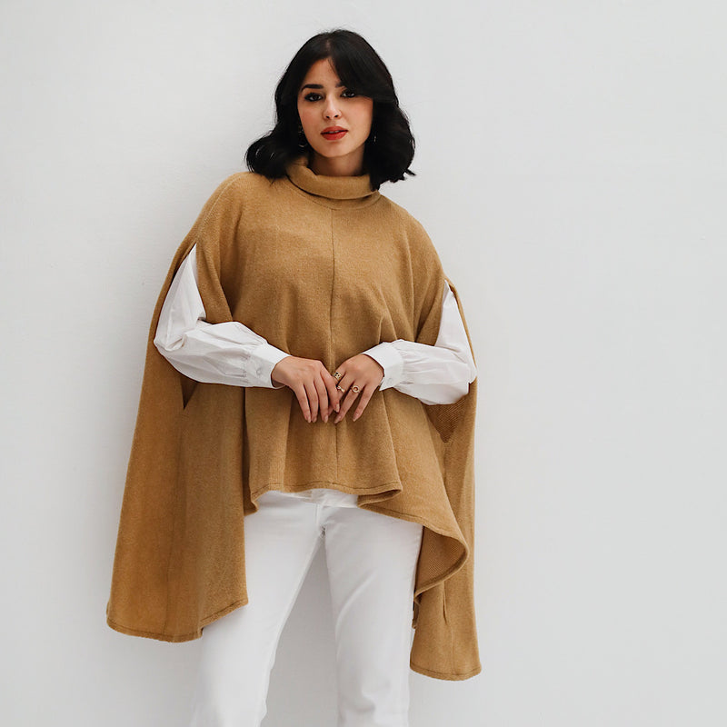 High neck ribbed poncho