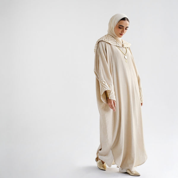 Beige hooded embroidered kaftan