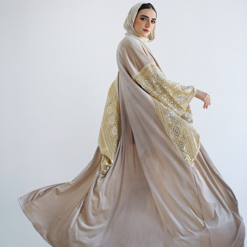 Embellished beige wide sleeve kaftan