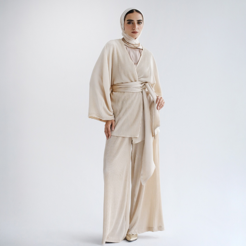 Beige pleated matching set